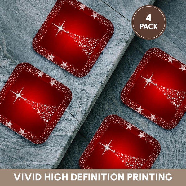 3dRose Doreen Erhardt Christmas Collection - Silver Star Christmas Tree with Holiday Red Background - Coasters (cst_164753)