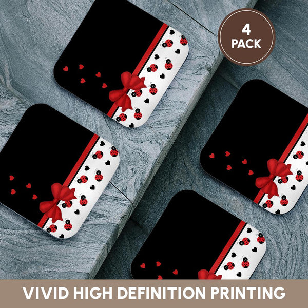 3dRose Charlyn Woodruff - CW Designs Whimsical Collection - Cute Red Black Ladybugs Floating Hearts Red Ribbon - Coasters (CST_155266)