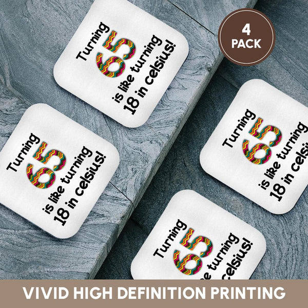 3dRose InspirationzStore Occasions - Turning 65 is like turning 18 in celsius - humorous 65th birthday gift - Coasters (cst_184964)