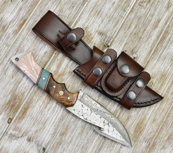 Voyager Damascus Gut Hook Knife with Exotic Rose Wood and Mother of Pearl Handle