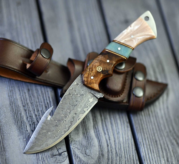 Voyager Damascus Gut Hook Knife with Exotic Rose Wood and Mother of Pearl Handle