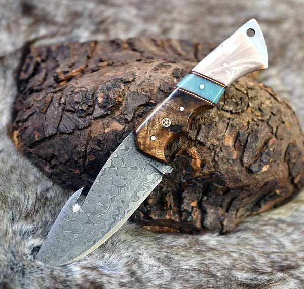 Voyager Damascus Gut Hook Knife with Exotic Rose Wood and Mother of Pearl Handle