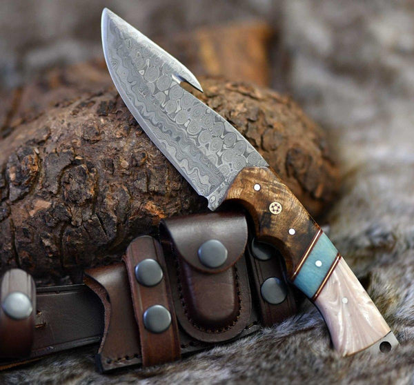 Voyager Damascus Gut Hook Knife with Exotic Rose Wood and Mother of Pearl Handle