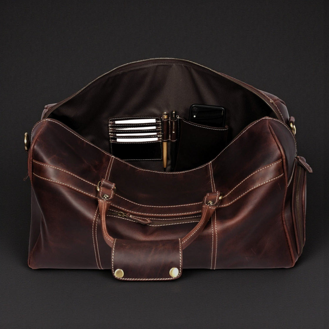 The Voyager Duffle - Brown Full-Grain Distressed Leather Duffle Bag NAB Leather