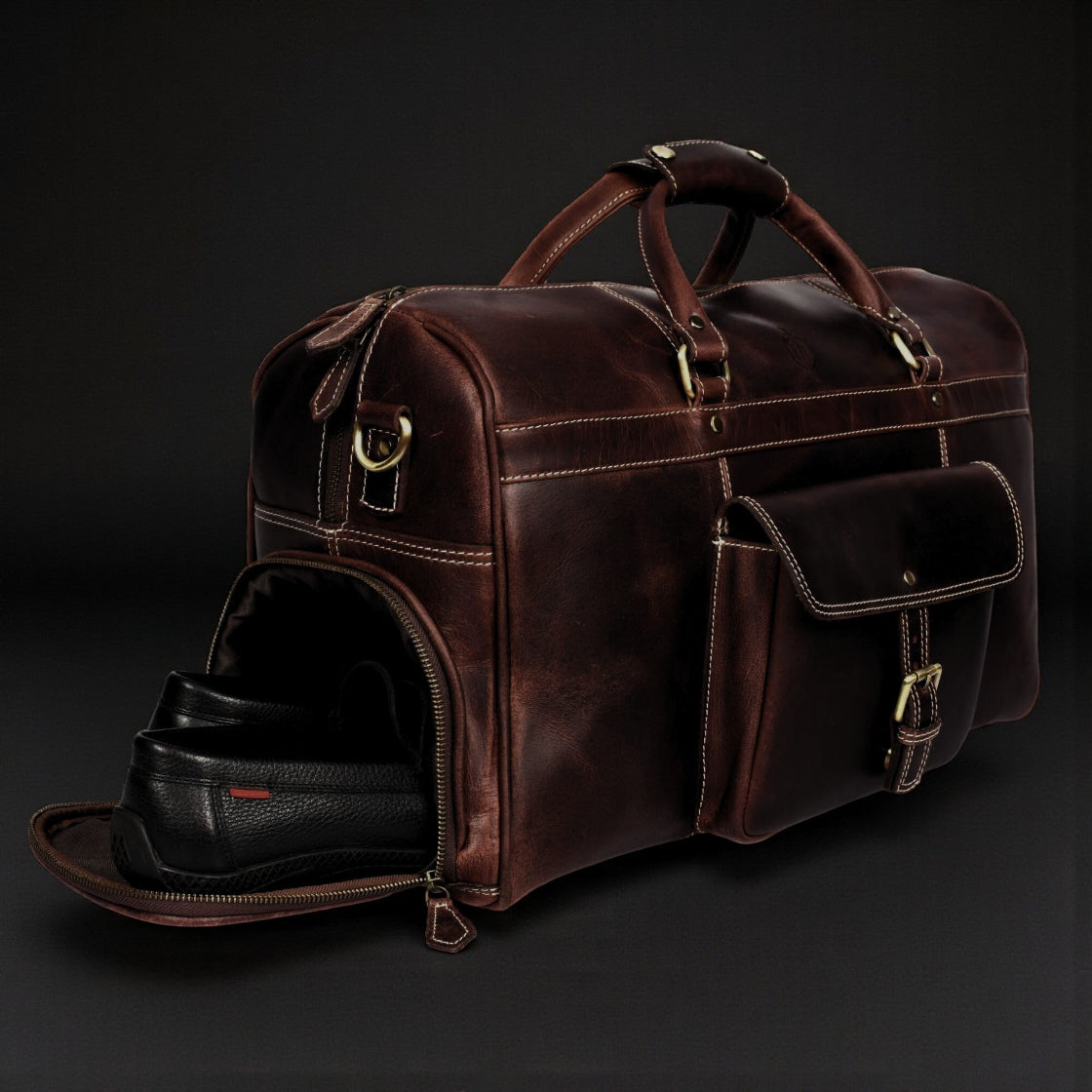 The Voyager Duffle - Brown Full-Grain Distressed Leather Duffle Bag NAB Leather