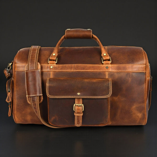 The Voyager Duffle - Cognac Full-Grain Distressed Leather Duffle Bag NAB Leather