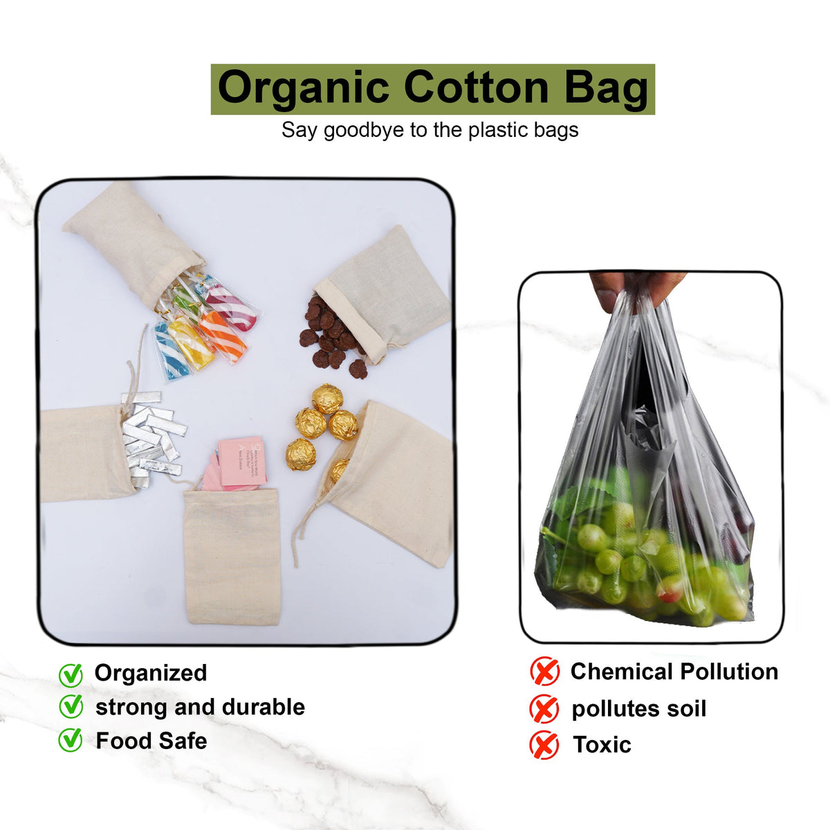8x10 Inches Reusable Eco-Friendly Cotton Single Drawstring Bags Natural Color