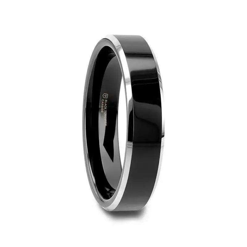 MACLAREN Black Polished Center Tungsten Wedding Band with Polished Gray Beveled Edges, 4mm–8mm
