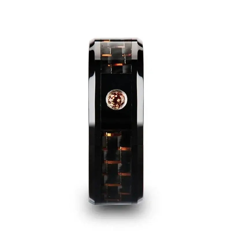 HELSING Black Ceramic Ring with Black and Orange Carbon Fiber and Orange Padparadscha Setting - 8mm