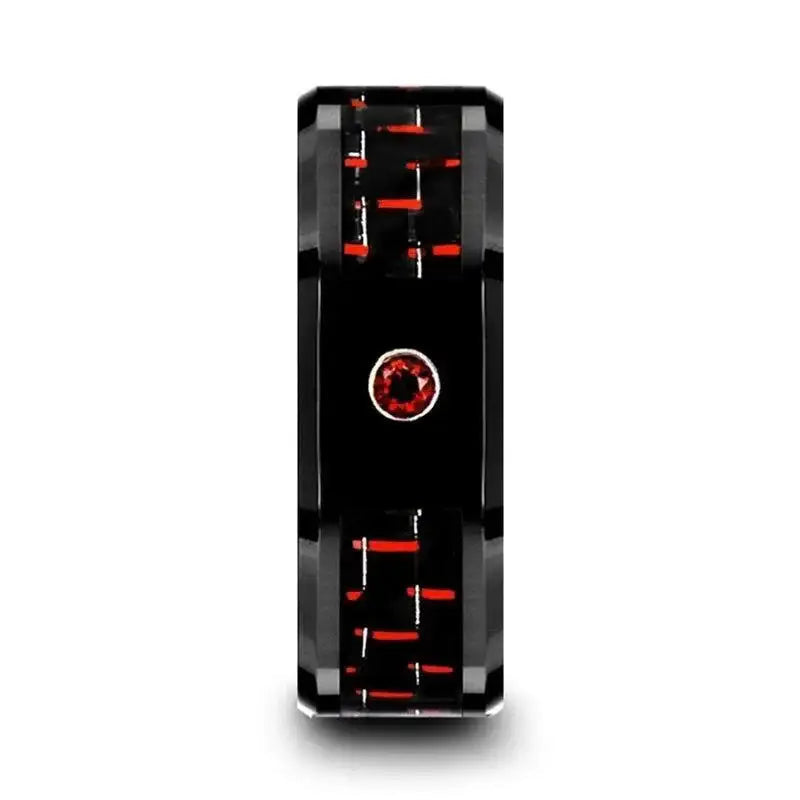 SORRELL Black Ceramic Ring with Black and Red Carbon Fiber and Red Ruby Setting - 8mm