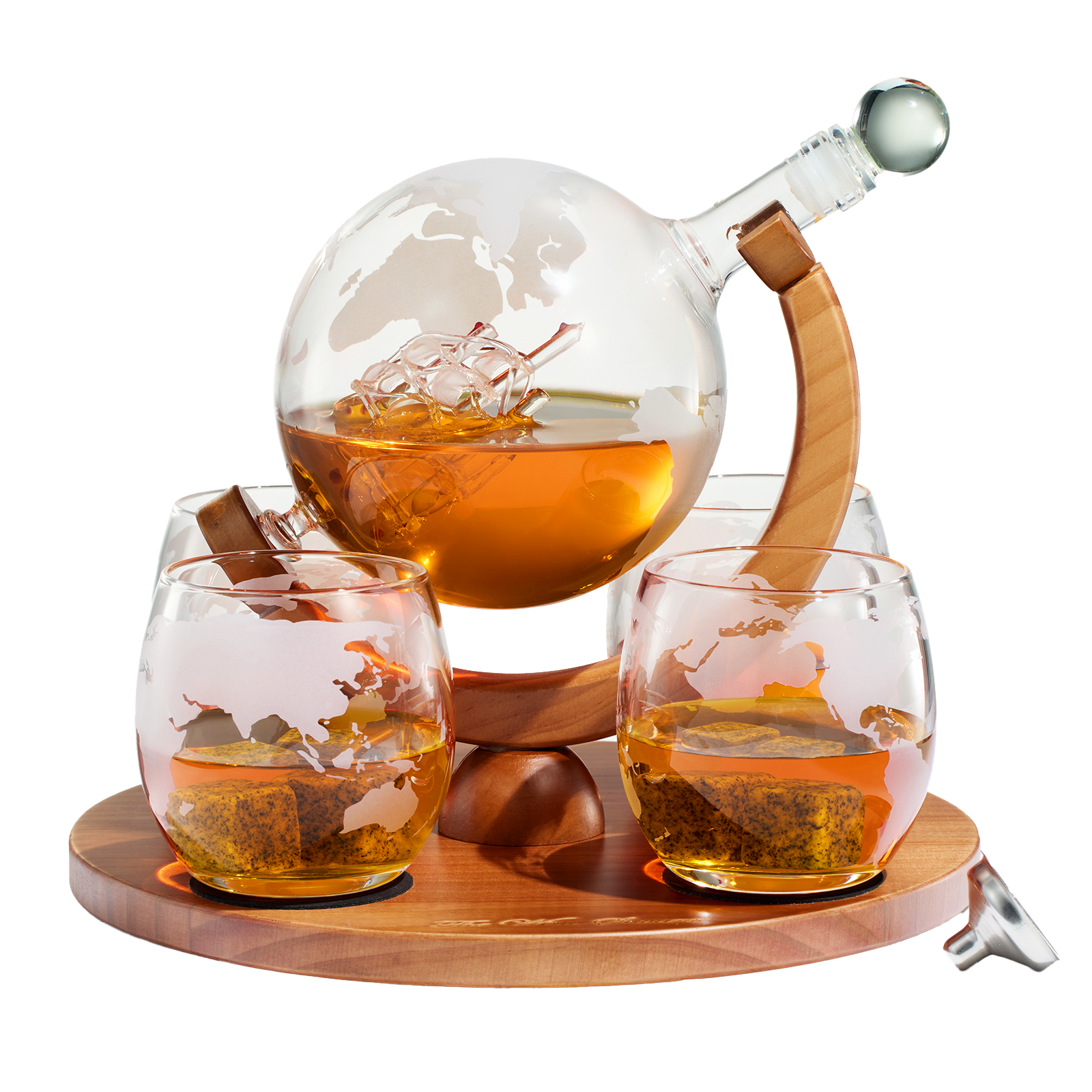 Etched World Decanter whiskey Globe - The Wine Savant Whiskey Gift Set Globe Decanter 750 ml with Antique Ship, Whiskey Stones and 4 World Map 10oz Glasses, Great Gift - Alcohol Related Gift, HOME BAR