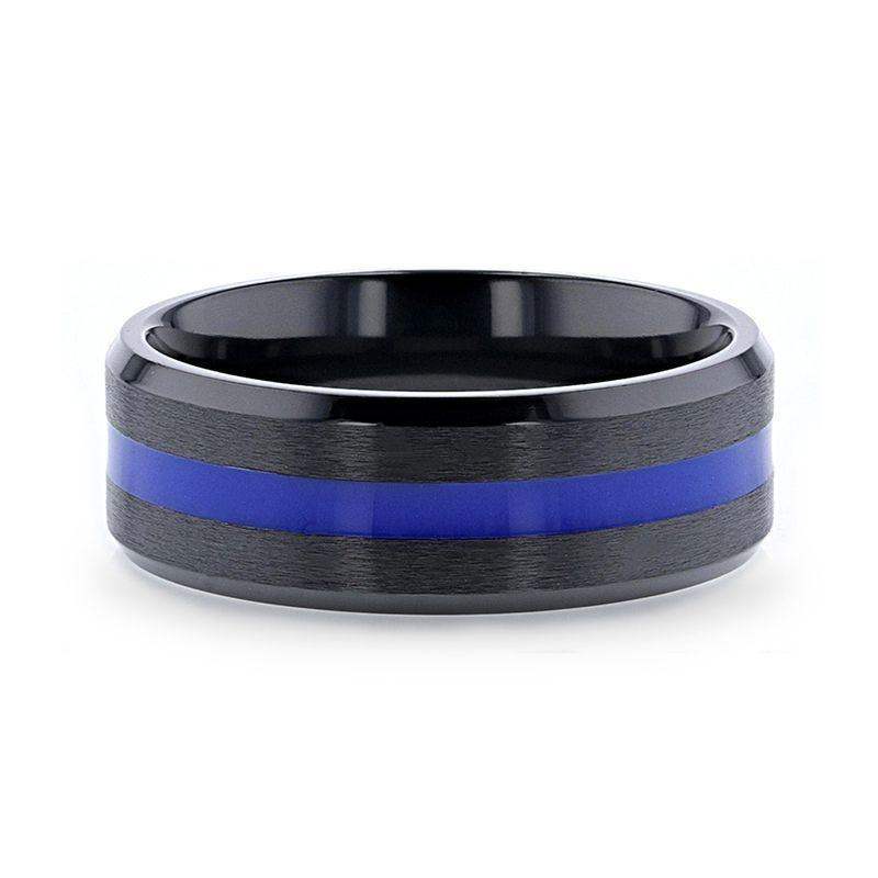 DECLAN Men’s Beveled Black Ceramic Brushed Finish Wedding Band with Polished Blue Stripe - 8mm
