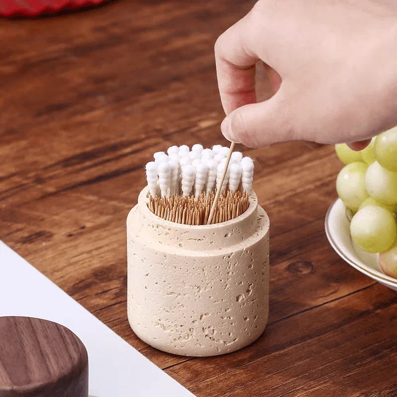 Wabi-Sabi Style Resin Toothpick and Swab Holder with Wooden Lid – Natural Look, Rustic Design, Perfect for Home Decor in Living Room, Dining Room, or Hotel – Ideal Gift for Christmas, Valentine'S Day, or Father'S Day, Too