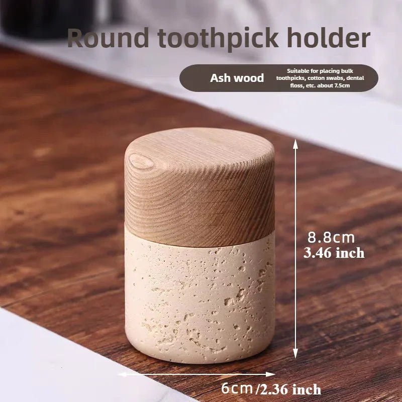 Wabi-Sabi Style Resin Toothpick and Swab Holder with Wooden Lid – Natural Look, Rustic Design, Perfect for Home Decor in Living Room, Dining Room, or Hotel – Ideal Gift for Christmas, Valentine'S Day, or Father'S Day, Too