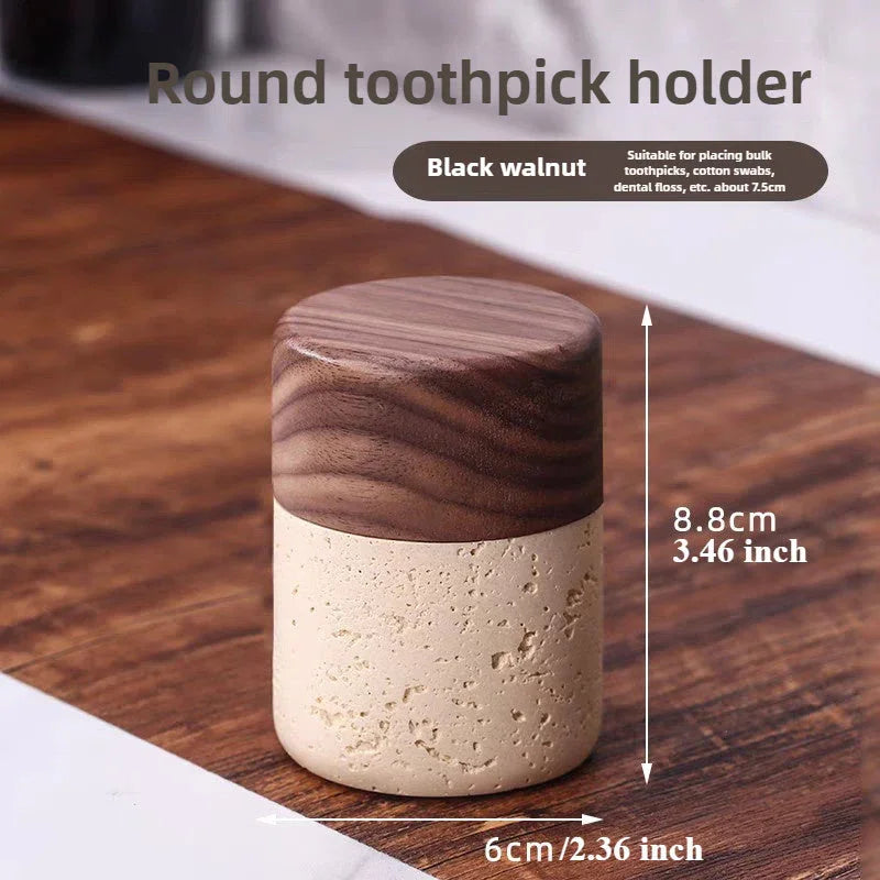 Wabi-Sabi Style Resin Toothpick and Swab Holder with Wooden Lid – Natural Look, Rustic Design, Perfect for Home Decor in Living Room, Dining Room, or Hotel – Ideal Gift for Christmas, Valentine'S Day, or Father'S Day, Too