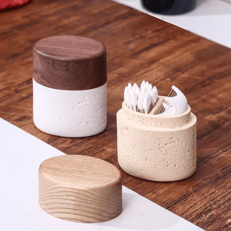 Wabi-Sabi Style Resin Toothpick and Swab Holder with Wooden Lid – Natural Look, Rustic Design, Perfect for Home Decor in Living Room, Dining Room, or Hotel – Ideal Gift for Christmas, Valentine'S Day, or Father'S Day, Too