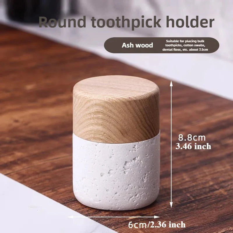 Wabi-Sabi Style Resin Toothpick and Swab Holder with Wooden Lid – Natural Look, Rustic Design, Perfect for Home Decor in Living Room, Dining Room, or Hotel – Ideal Gift for Christmas, Valentine'S Day, or Father'S Day, Too