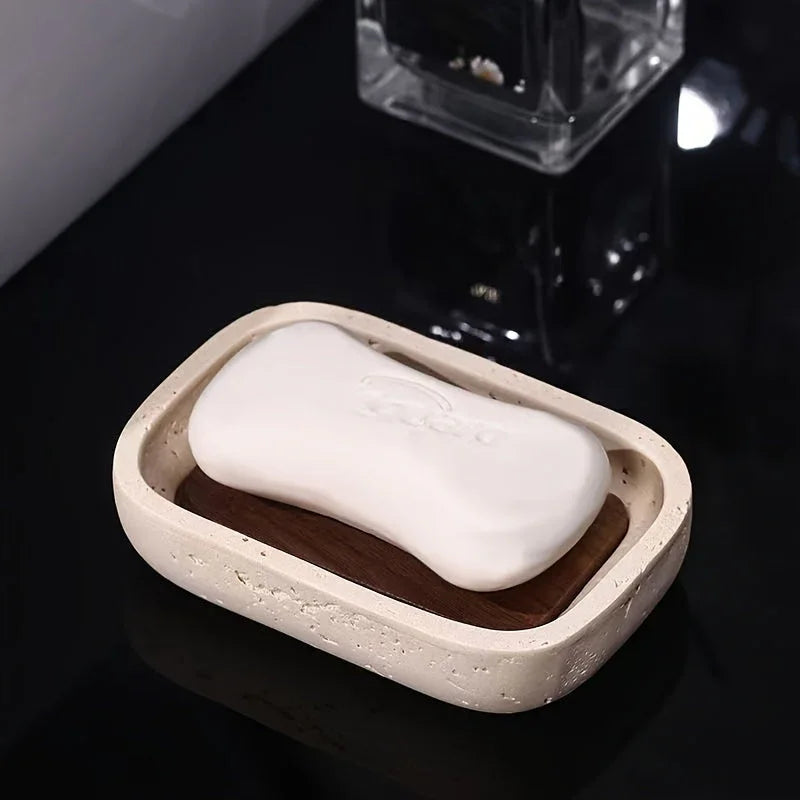 Wabi - sabi style sand - stone resin soap dish. The off - white sand - stone textured dish body is paired with a partition polished from imported North American walnut, presenting a simple and natural look. Sized approximatel