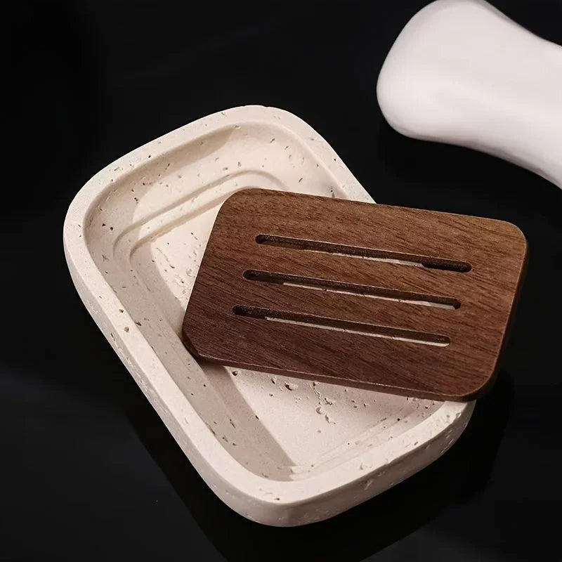 Wabi - sabi style sand - stone resin soap dish. The off - white sand - stone textured dish body is paired with a partition polished from imported North American walnut, presenting a simple and natural look. Sized approximatel