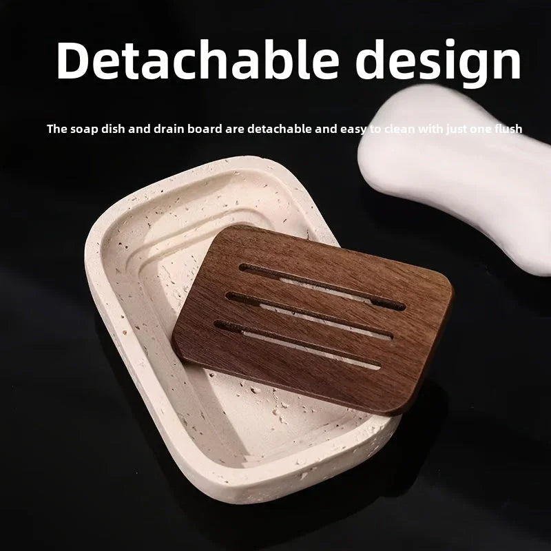 Wabi - sabi style sand - stone resin soap dish. The off - white sand - stone textured dish body is paired with a partition polished from imported North American walnut, presenting a simple and natural look. Sized approximatel