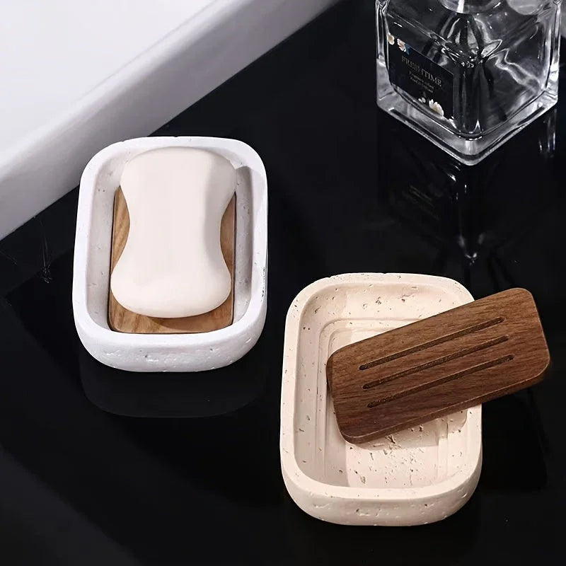 Wabi - sabi style sand - stone resin soap dish. The off - white sand - stone textured dish body is paired with a partition polished from imported North American walnut, presenting a simple and natural look. Sized approximatel