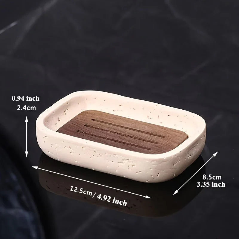 Wabi - sabi style sand - stone resin soap dish. The off - white sand - stone textured dish body is paired with a partition polished from imported North American walnut, presenting a simple and natural look. Sized approximatel