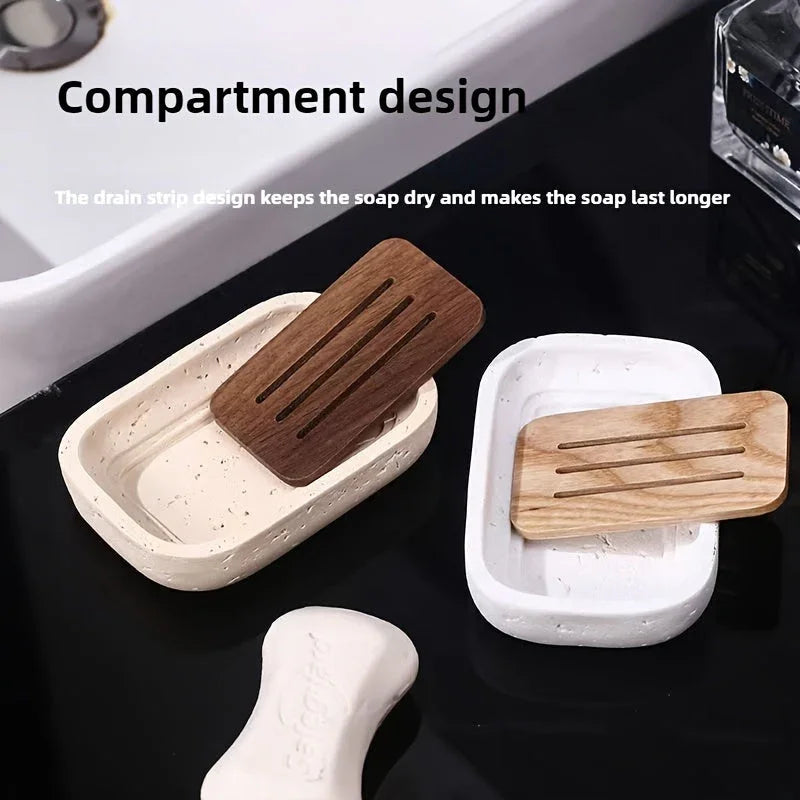 Wabi - sabi style sand - stone resin soap dish. The off - white sand - stone textured dish body is paired with a partition polished from imported North American walnut, presenting a simple and natural look. Sized approximatel