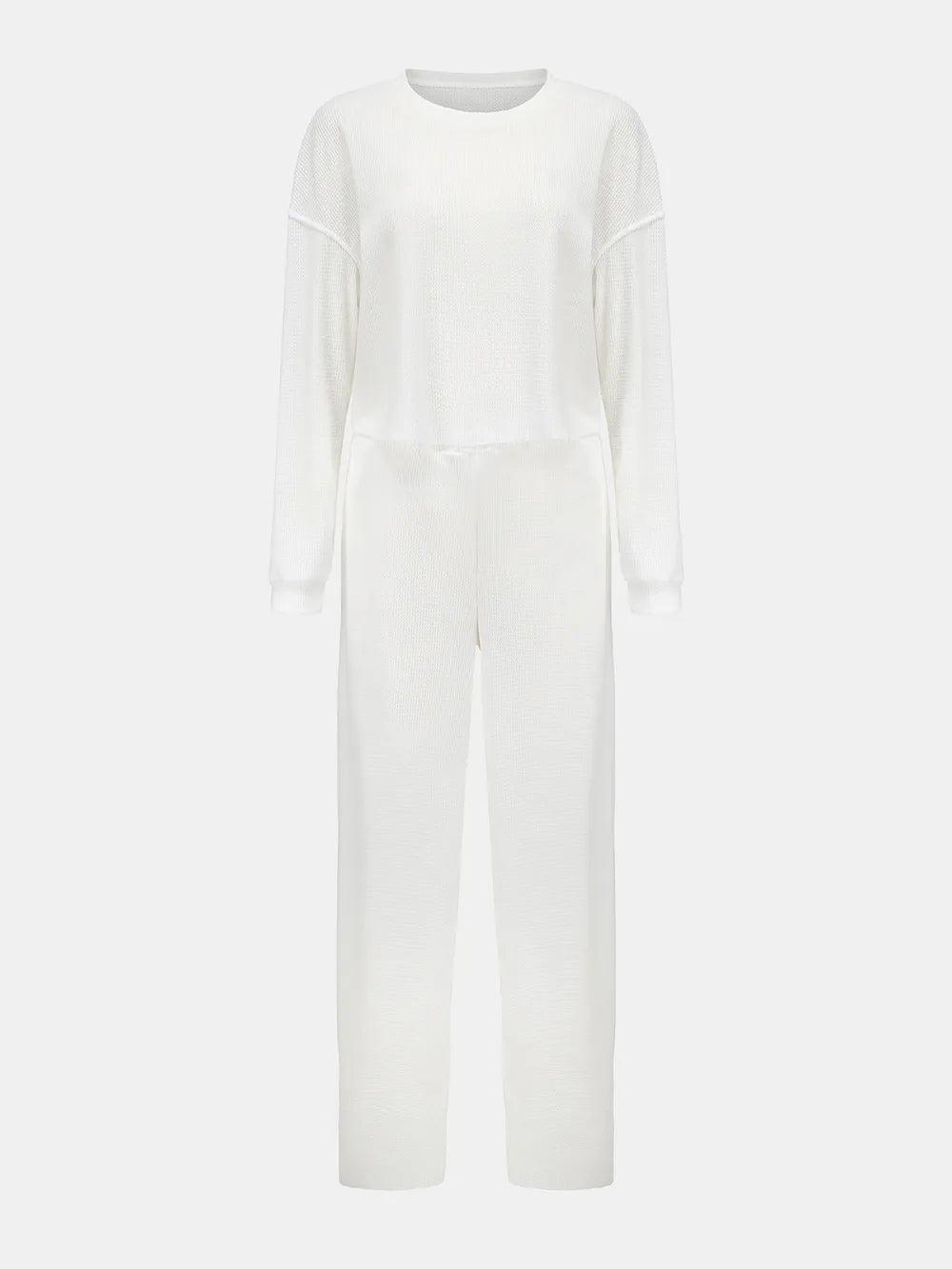 Waffle-Knit Round Neck Top and Pants Set