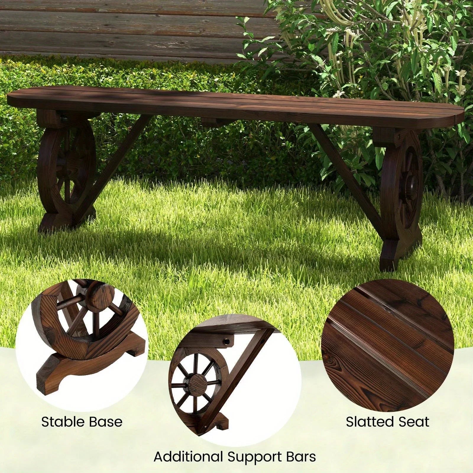 Carbonized Fir Wood Wagon Wheel Garden Bench
