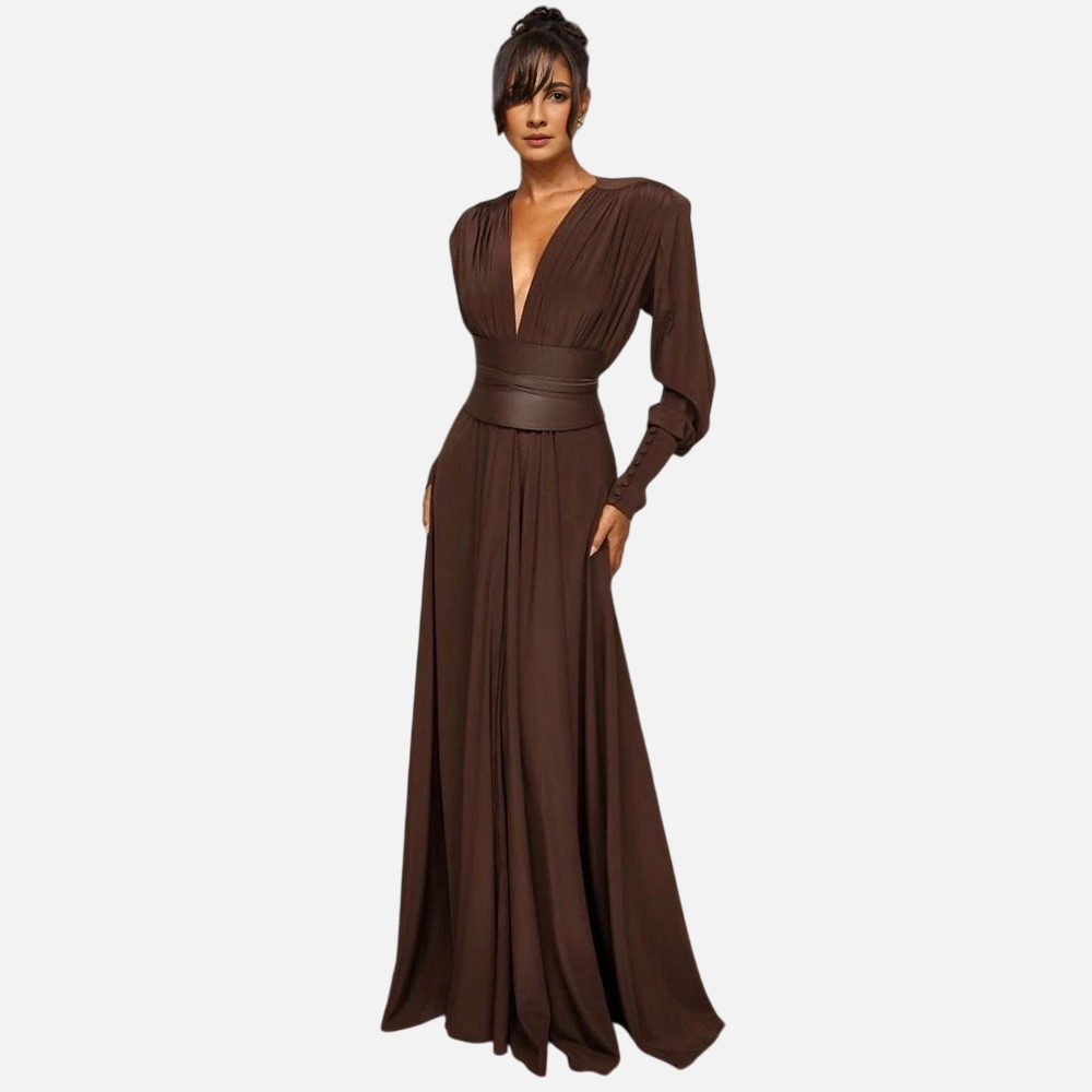 Waist closure pleated French dress in coffee color with V-neck and long sleeves