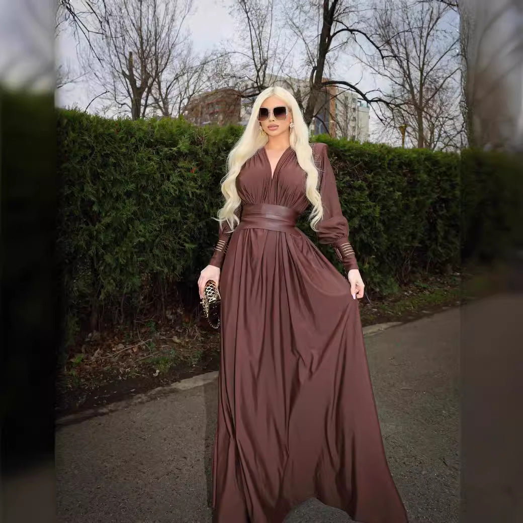 Waist closure pleated French dress in coffee color with V-neck and long sleeves