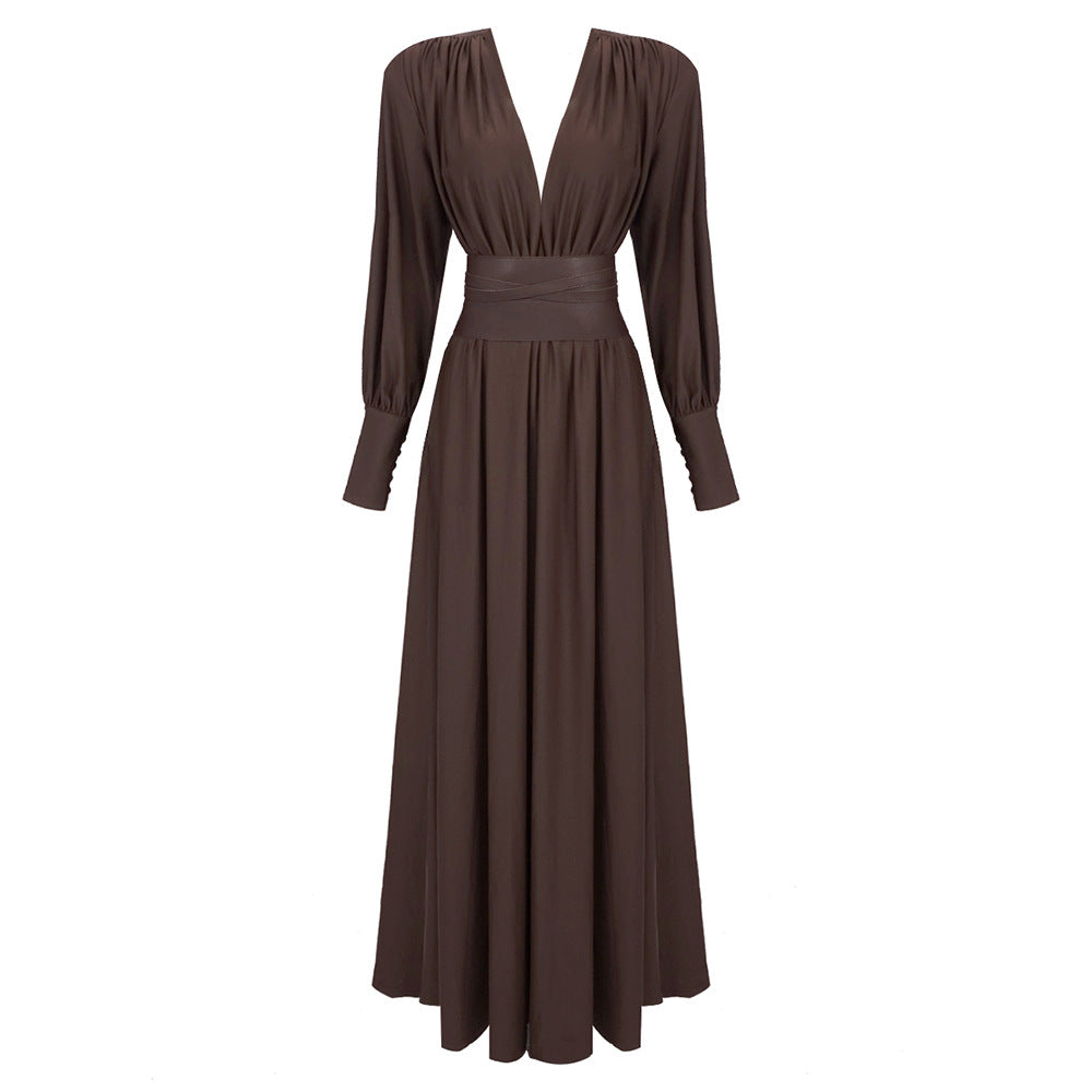 Waist closure pleated French dress in coffee color with V-neck and long sleeves