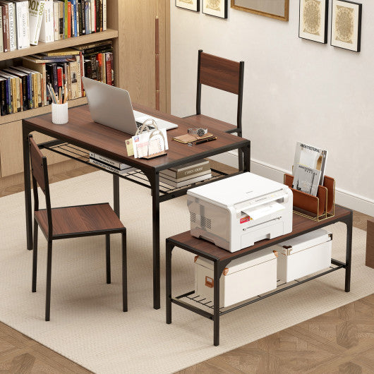 Industrial Style Rectangular Kitchen Table with Bench and Chairs-Walnut