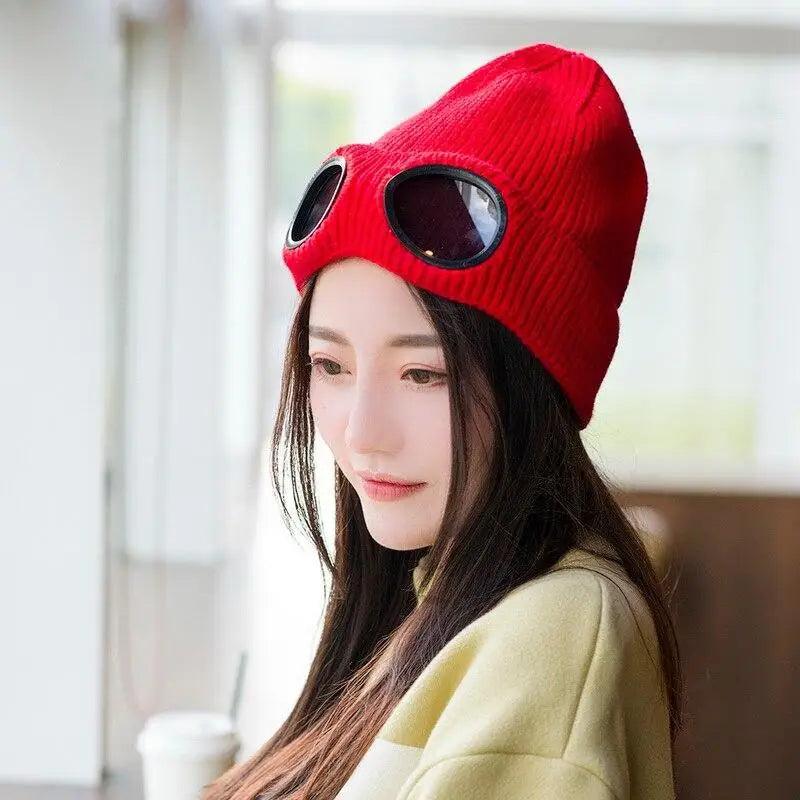 Warm Classic Unisex Wool Knitted Goggles Beanie Comfortable Winter Stylish Hat Outdoor Sports Cap For Men Women New Fashion Multi Function Caps