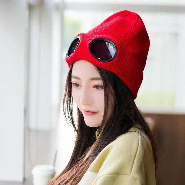 Warm Classic Unisex Wool Knitted Goggles Beanie Comfortable Winter Stylish Hat Outdoor Sports Cap For Men Women New Fashion Multi Function Caps