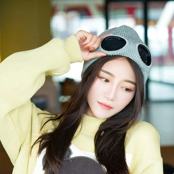 Warm Classic Unisex Wool Knitted Goggles Beanie Comfortable Winter Stylish Hat Outdoor Sports Cap For Men Women New Fashion Multi Function Caps