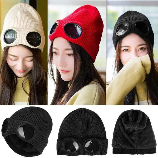 Warm Classic Unisex Wool Knitted Goggles Beanie Comfortable Winter Stylish Hat Outdoor Sports Cap For Men Women New Fashion Multi Function Caps