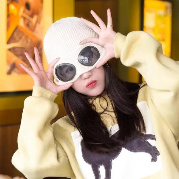 Warm Classic Unisex Wool Knitted Goggles Beanie Comfortable Winter Stylish Hat Outdoor Sports Cap For Men Women New Fashion Multi Function Caps