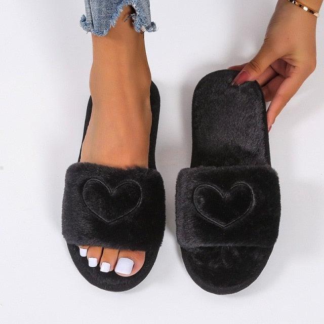 Warm Fluffy Slippers Women Faux Fur Slipper Indoor Floor Slides Flat Soft Furry House Warm Comfortable Fuzzy Furry Bedroom Slippers Indoor Cozy Memory Foam Anti-Slip Flip Flops