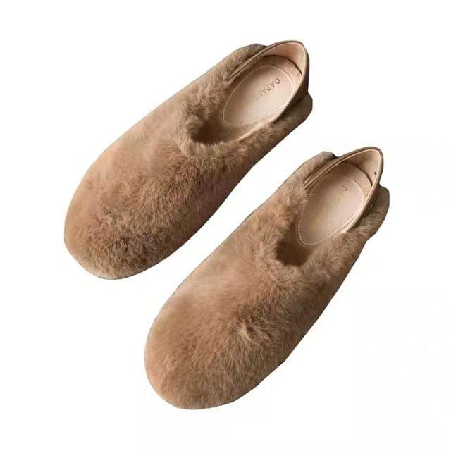 Warm Fur Loafers Women Winter Shoes Indoor Furry Flats Round Toe Fluffy House Warm Wool Slippers Memory Foam Anti-Skid Sole House Shoes Indoor Outdoor Slippers