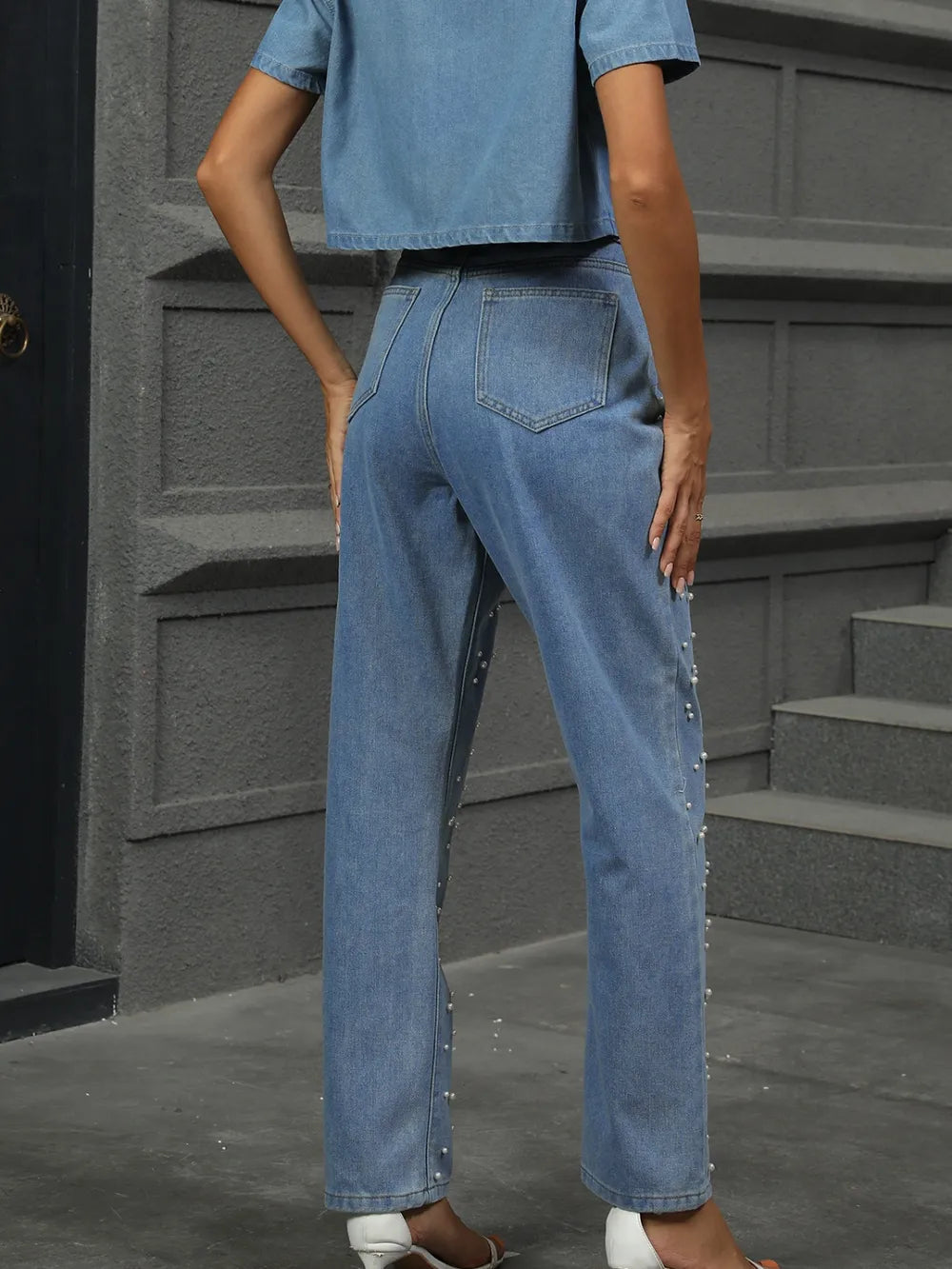 Washed pearl denim straight leg pants
