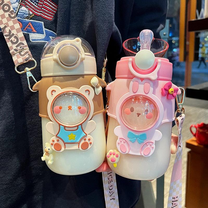 Water Bottle For Children 700ML Cute Stickers With Straw Temperature Kawaii Plastic Cup Portable Student School Bottle Girl Boy Water Bottles with Straw and Strap Cute Water Bottles Cartoon Animal Plastic Drinking Bottle Leakproof Water Bottle