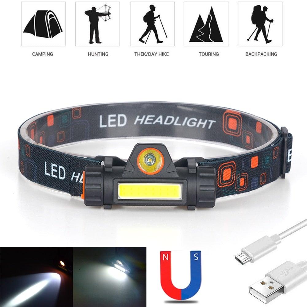 Waterproof 2 Light Mode USB LED Headlight With Magnet Rechargeable Headlamp Built-in 18650 Battery Flashlight  COB Work Light For Outdoor Camping Cycling Fishing Headlamp Flashlight