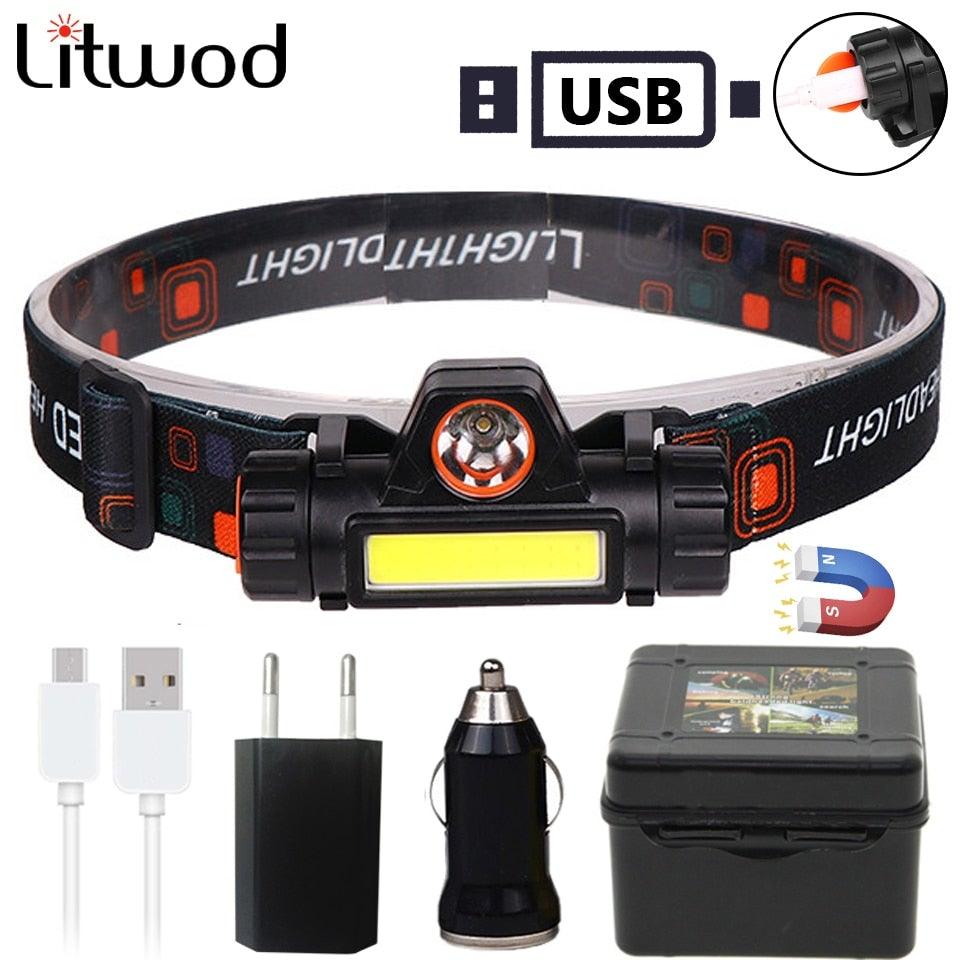 Waterproof 2 Light Mode USB LED Headlight With Magnet Rechargeable Headlamp Built-in 18650 Battery Flashlight  COB Work Light For Outdoor Camping Cycling Fishing Headlamp Flashlight