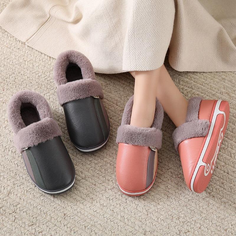 Waterproof Indoor Shoes Womans Mens Winter Home Slippers Faux Leather Warm Plush House Floor Slipper Anti-slip Footwear Women's Cozy Memory Foam Slippers With Warm Plush Fur Lining