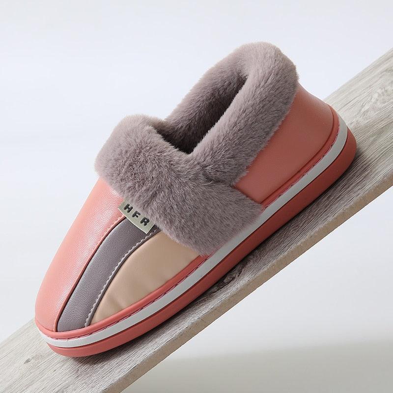 Waterproof Indoor Shoes Womans Mens Winter Home Slippers Faux Leather Warm Plush House Floor Slipper Anti-slip Footwear Women's Cozy Memory Foam Slippers With Warm Plush Fur Lining