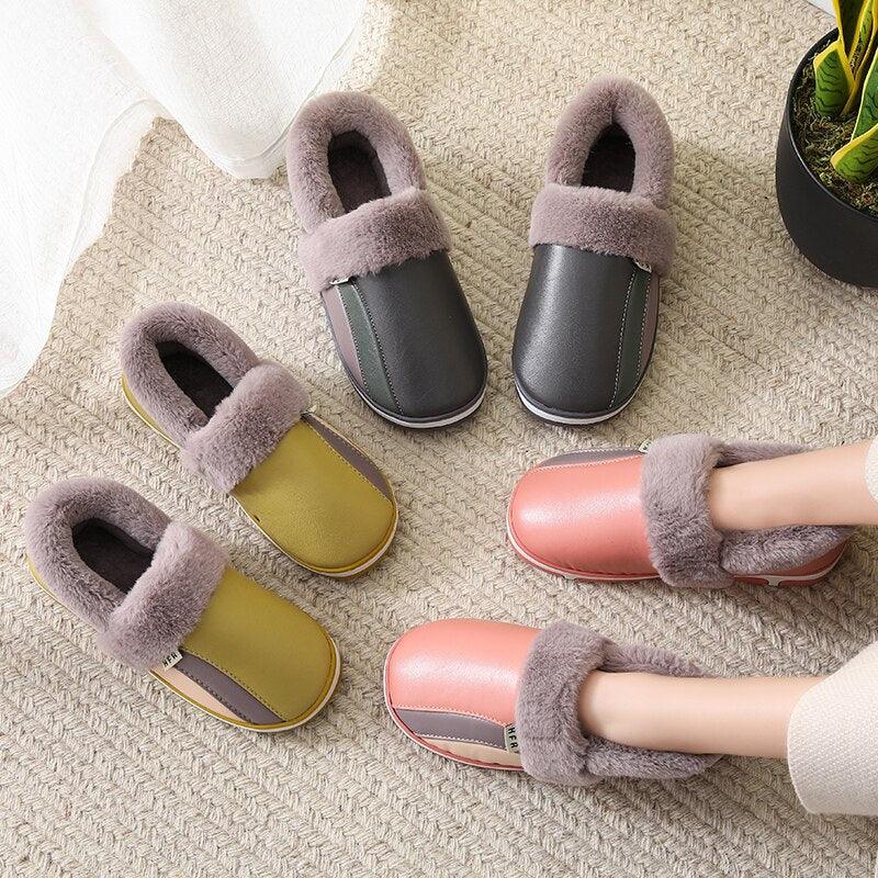 Waterproof Indoor Shoes Womans Mens Winter Home Slippers Faux Leather Warm Plush House Floor Slipper Anti-slip Footwear Women's Cozy Memory Foam Slippers With Warm Plush Fur Lining