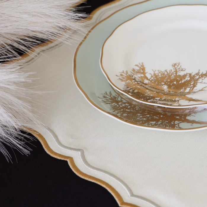 SPRING TABLE DECOR – SHIMMER IVORY GOLD SILVER FABRIC PLACEMAT