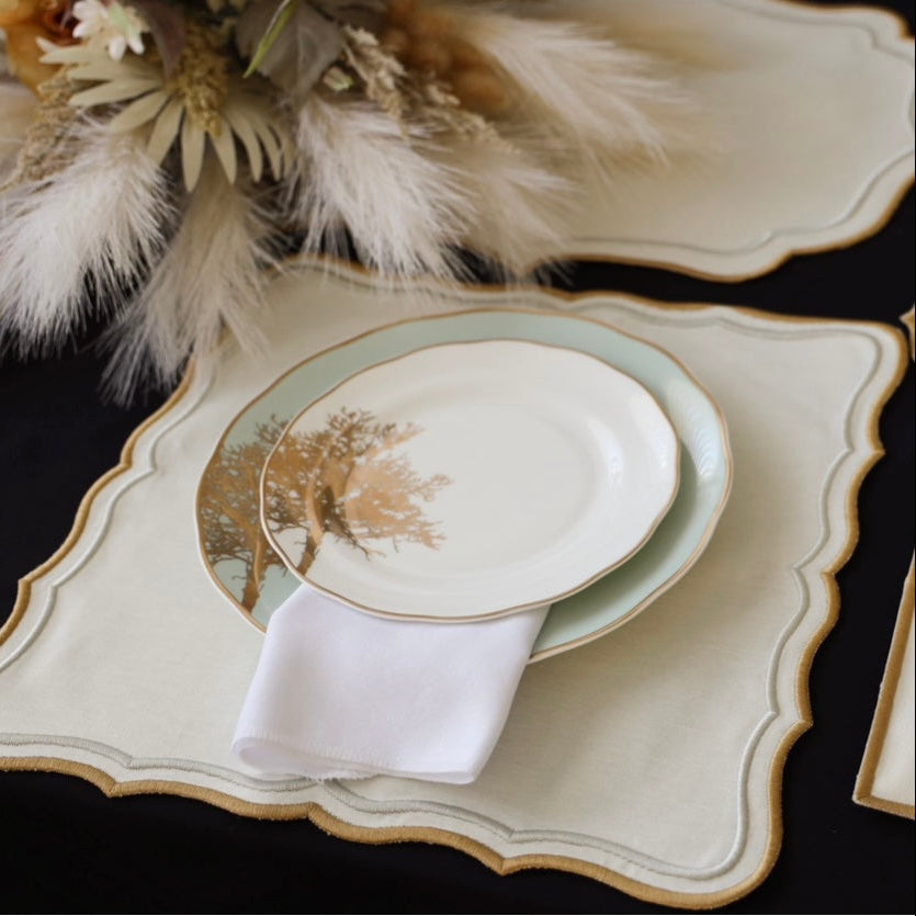 SPRING TABLE DECOR – SHIMMER IVORY GOLD SILVER FABRIC PLACEMAT