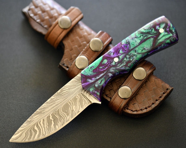Wave Damascus Hunting Knife with Resin Handle